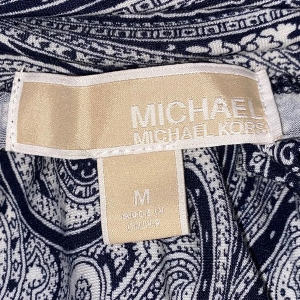 Michael Kors Navy White Paisley Tunic Blouse Top 3/4 Bell Sleeve Peasant M